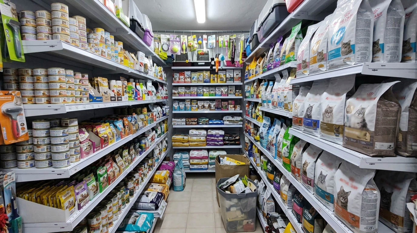 Closely stocked shelves of cat food, litter and accessories