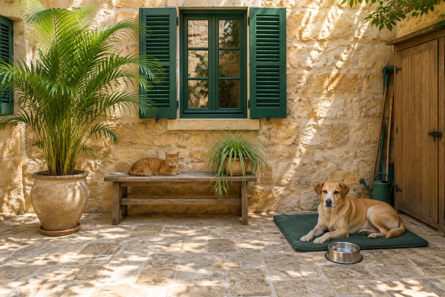 Maltese courtyard inspiration with a palm, spider plant, resting cat and dog, water bowl and closed garden cupboard