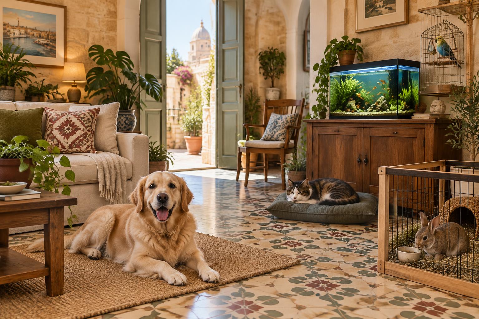 A dog, cat, rabbit, budgie and aquarium fish relaxing at home in a Maltese living room